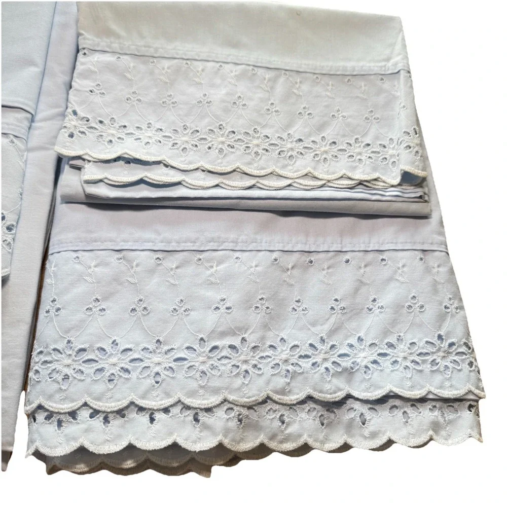 VTG Dan River Twin Sheet Set – 1‎ Flat, 1 Fitted, 2 Cases Blue Eyelet Lace USA